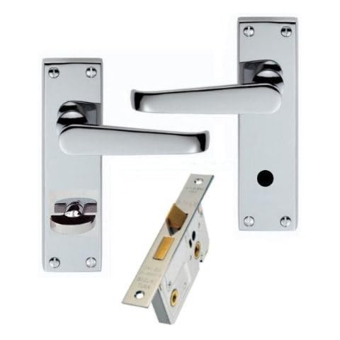 Jiyo.Outdoor Victorian Straight Polished Chrome Bathroom Door Handles + 64mm Bathroom Lock Set Cover