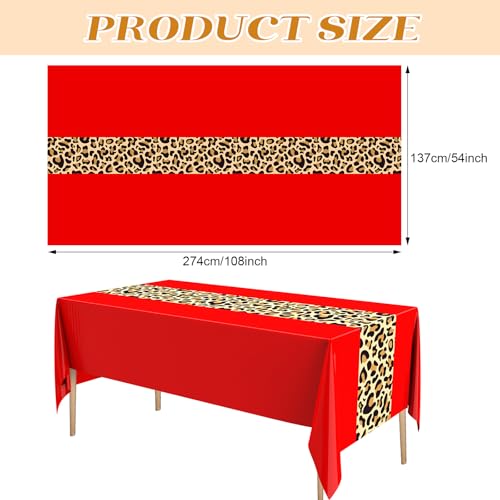 Image of Buryeah Leopard Print Tablecloth 54 x 108'' Leopard Plastic Table Cover Disposable Safari Animal Cheetah Print Party Decorations for Baby Shower Wedding Birthday Party Favors(Red,3 Pcs)