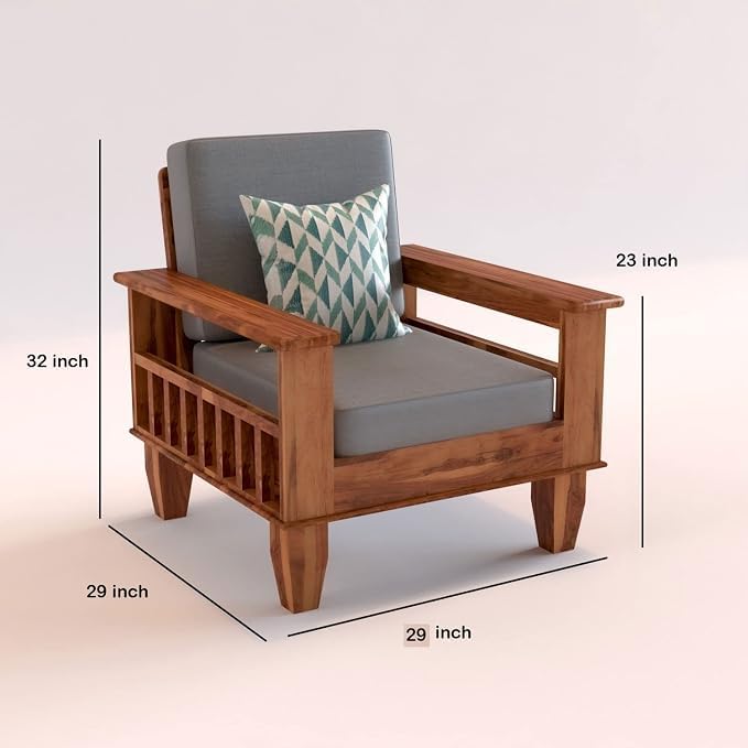 Image of Sheesham Wooden 1 Seater Sofa for Living Room | Rosewood 1 Seater Cushion Sofa with Side Newspaper Holder for Home & Office | Solid Wood Sofa Set for Lounge (Honey Finish)