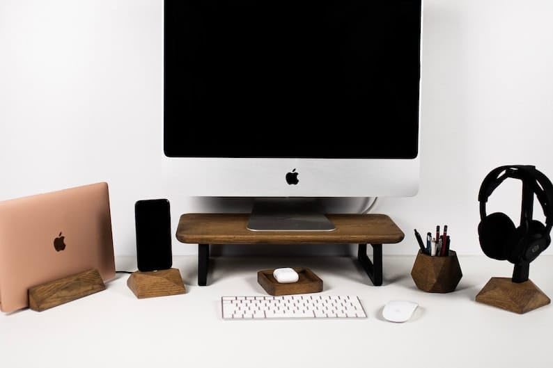 carpentray Wooden Computer Monitor Stand, Monitor Riser Desk Shelf Desktop Stand TV Laptop Riser with Keyboard Storage Desk (Brown Top)