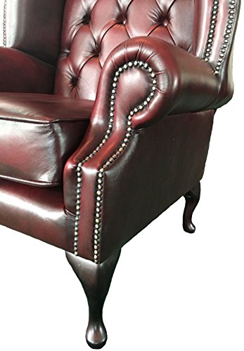 Chesterfield Antique Oxblood Red Genuine Leather Queen Anne Armchair