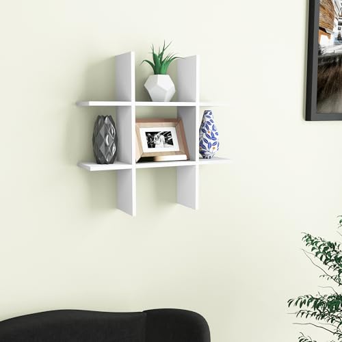 Image of Home Sparkle Decorative H Shape Wall Shelf | Engineered Wood Display Rack for Living Room, Bedroom & Office (White)