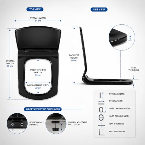 Image of KrissKross Black Toilet Seat Cover | Western EWC Commode | Soft Close Technology | Heavy-Duty PP | Adjustable Hinges | Easy Installation