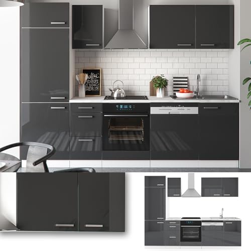 Vicco Küchenzeile Optima, Anthrazit Hochglanz/Weiß, 270 cm ohne Arbeitsplatte