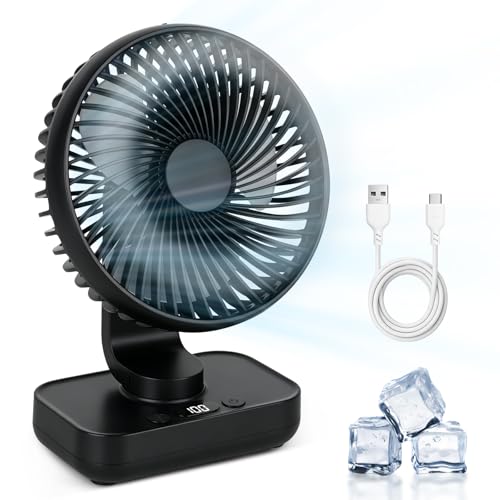 LYPPUL Tischventilator Automatisch Oszillierend 4000mAh Akku USB Ventilator Mini Ventilator Ultra Leise 4 Geschwindigkeiten LED-Digitalanzeige Tragbarer Ventilator für Bibliothek Zuhause Büro