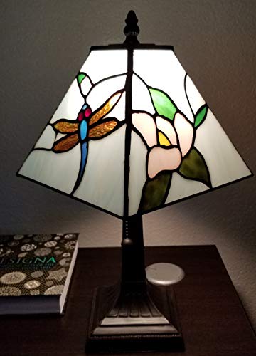 Amora Lighting Tiffany Style Mini Accent Lamp 15" Tall Stained Glass Pink Red Floral Dragonfly Vintage Antique Light Décor Nightstand Living Room Bedroom Office Handmade Gift Am220Tl08 #TOP1