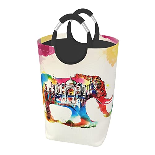 ランドリーバスケット カラフルな象 洗濯物入れ 汚れた衣類バスケット 持ち運び ランドリーバッグ 折り畳み式洗濯カゴ 収納バッグ 雑貨収納 大容量 折りたたみ 撥水加工 取っ手付き 軽量 旅行 寝室 脱衣所 リビング