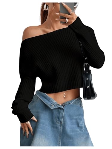 Verdusa Women's Off Shoulder Long Sleeve Sweater Y2K Cold Shoulder Sweaters Knit Fitted Pullover Top4