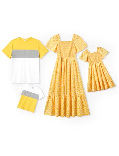 Image of PATPAT Family Matching Outfits Mommy and Me Dresses Floral Dress & T-Shirts | Mommy and Me Easter Dresses, Puff Sleeve Floral Sundress, Cotton Blend T-shirts, Couples Party Wedding Vacation Outfits