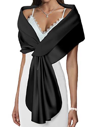 Atigy Damen Satin Stola Festlich Elegante Hochzeit Schals Stola für Abendkleider Brautkleider (M, Schwarz)
