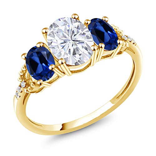 Gem Stone King 2.74 Cttw 10K Yellow Gold 3-Stone Ring for Women | White Moissanite Blue Created Sapphire and Diamond | Oval 8X6MM and 6X4MM | Available In Size 5-9