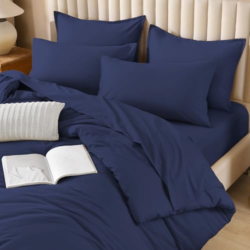 Image of Litanika Super King Plus Comforter Sets Navy Blue - 7 Pieces Bed in a Bag Beddding Sets, Solid Lightweight Bed Set with Comforter, Sheets, Pillowcases & Shams