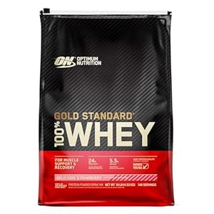 Optimum Nutrition Gold Standard 100% Whey Spieropbouw en Herstel, Proteïnepoeder met Lichaamseigen Glutamine en BCAA Aminozuren, Verrukkelijke Aardbeiensmaak, 151 Porties, 4.53 kg
