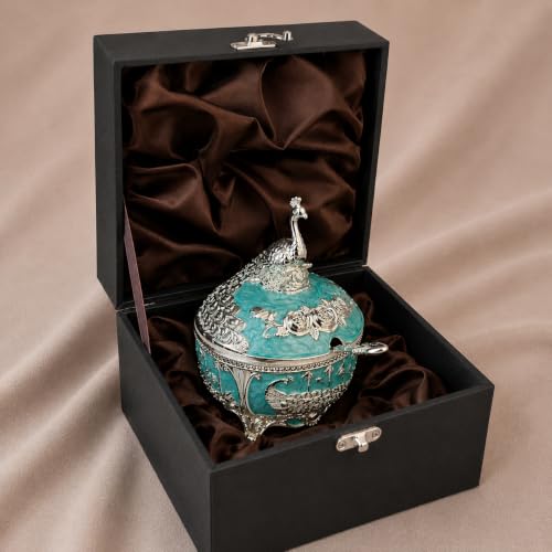 Image of Diviniti Silver Plated Peacock Sugar Pot with Lid | Decorative Storage Jar for Sugar, Mouth Fresheners & Small Items | Luxury Home Decor Piece for Dining Table, Kitchen & Gifting (Teal Blue)