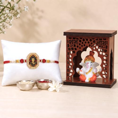 Image of EXPLEASIA Pagadi Ganesha Idol with Wooden Temple with Rakhi for Home mandir Temple car Dashboard Gift Items Festival Item showpiece