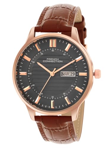 Image of French Connection Textured Grey Round Dial with Brown Leather Strap Watch - for Mens FCN0123BRL