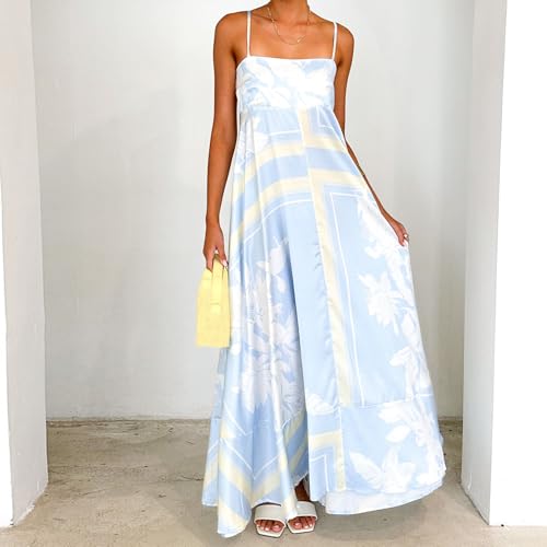 Image of NUFIWI Women Summer Striped Maxi Dress Spaghetti Strap Cutout Ruffle Long Dress Flowy Swing Beach Vocation Dress