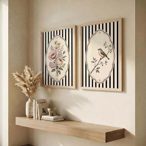 Image of NoWorries Vintage Floral & Bird Wall Art Set of 2 Framed Prints for Living Room Bedroom Office | Black Stripe Botanical Wall Decor with Wooden Frame (Art-9, 10x13inch)