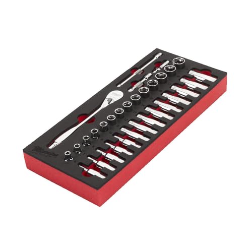 Milwaukee 3/8 Inch 32 Pieces Ratchet and Socket Spanner Set, Metal, 190 mm, 3.16 kg