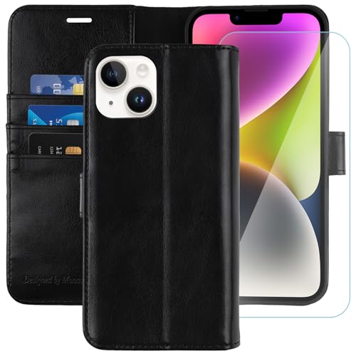 Image of MONASAY Vegan Leather Fit for iPhone-14 /13 5G Wallet Case, 6.1-inch, [Glass Screen Protector Included] [RFID Blocking] Flip Folio Phone Cover with Credit Card Holder,Black