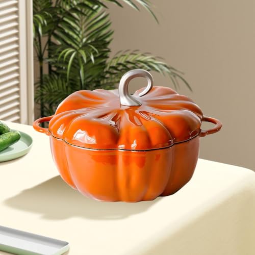 RIQHTIK Horno holandés de Calabaza de 4 Cuartos con Tapa, Olla de Hierro Fundido esmaltado Blanco, Horno de Cocina con Forma de cushaw, para 3-5 Personas