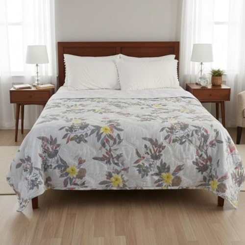 Image of 220 GSM 100% Cotton Microfibre Reversible Comforter AC Blanket for Summer /Winter /Quilt Soft Breathable Floral Print Duvet Single /Double Bed (Off White Yellow, Double Bed(230X250 CM))