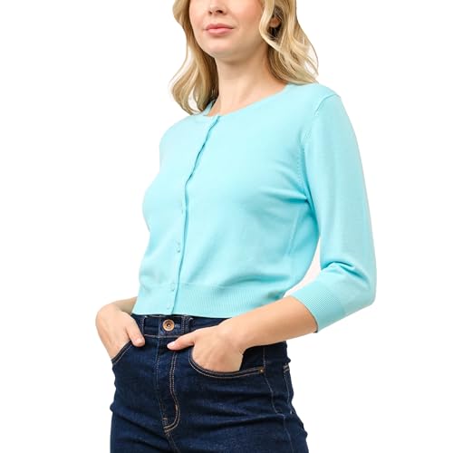 Image of Women's Cropped Cardigan 3 /4 Sleeve Crewneck Button Up Sweater Knit Top (S~XL)