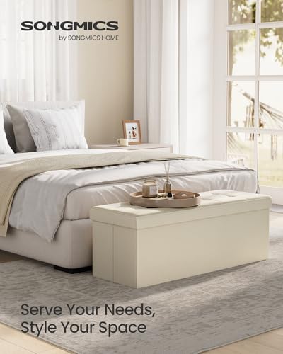 Image of SONGMICS MAZIE Collection - 43 Inches Folding Storage Ottoman Bench, Ottoman Foot Rest, End of Bed Bench, Storage Chest, Load 660 lb, for Living Room, Bedroom, Entryway, Cream White ULSF77BE