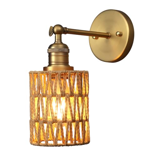 Image of Yosoan Rattan Boho Wrapped Wall Sconce Light, Indoor Hardwired Hand-Woven Farmhouse Vintage Wall Lamps, Brass Handmade Braided Rope Small Straight Shade Wall Mount Fixture for Reading Hallway(Antique)
