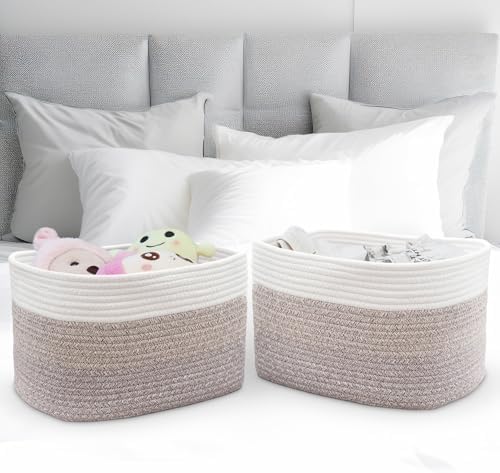 Woodluv Woven Storage Basket Set of 2, Cotton Rope Basket for Shelves Closet Organizer, Shelf Baskets for Toys, Books, Shoes, Decorative Baskets for Home Bathroom Decor, 37.5x25x22.5cm, Beige