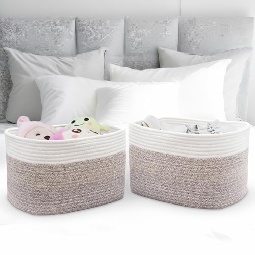 Woodluv Woven Storage Basket Set of 2, Cotton Rope Basket for Shelves Closet Organizer, Shelf Baskets for Toys, Books, Shoes, Decorative Baskets for Home Bathroom Decor, 37.5x25x22.5cm, Beige
