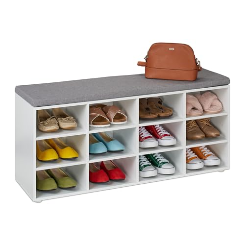 Relaxdays Banco Zapatero con Asiento, 12 Cajones, Tapizado, Pasillo o Entrada, Descalzadora, 48x104x30 cm, Blanco/Gris
