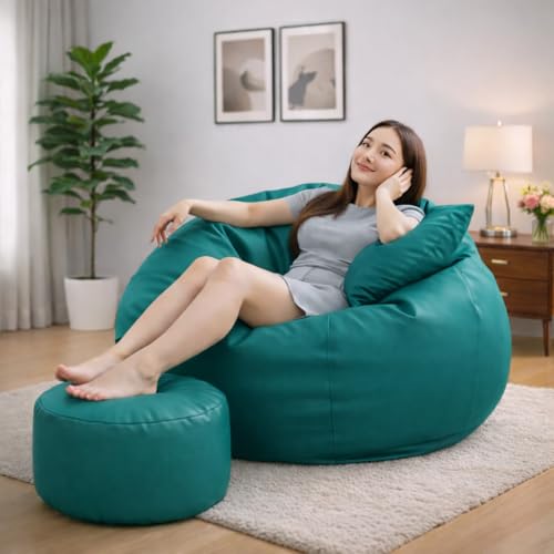 Image of 4XL Tear Drop Bean Bag with Footrest & Cushion | Premium Leatherette Bean Bag Cover | XXXXL Lounger Chair for Living Room | Without Beans | Upto 150 Kg (Teal, XXXXL)