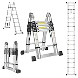 DEWINNER - Escalera telescópica de 5 m (2,5+2,5) - Escalera Plegable 2 en 1, Escalera de Aluminio con Ganchos extraíbles para Uso Interior y Exterior, Carga máxima 150 kg, Color Plateado