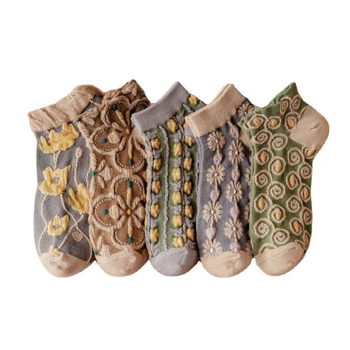 5/10 Pairs Floral Vintage Patterned Crew Socks for Women Jacquard Knit Setfor Casual Wear Size 4-9