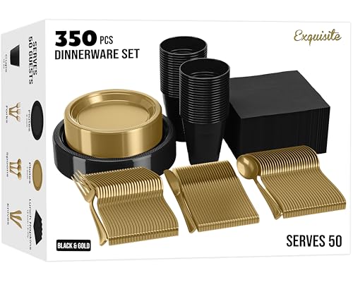 Image of Exquisite 350 Pcs Black & Gold Plates and Napkins Party Supplies Plate Sets