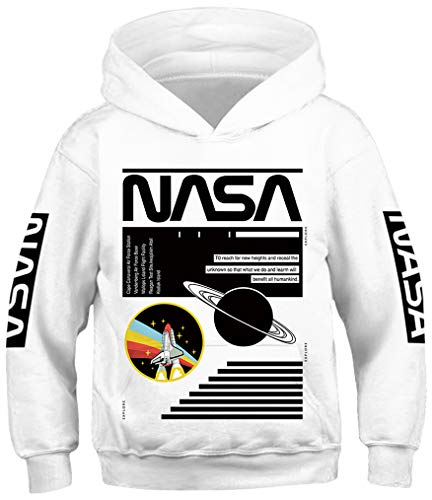 Ocean Plus Jungen Kapuzenpullover Digitaldruck Hoodie Langarmshirt Pullover Sweatshirts mit Kapuze (S (Körpergröße: 125-130cm), Weiße NASA)