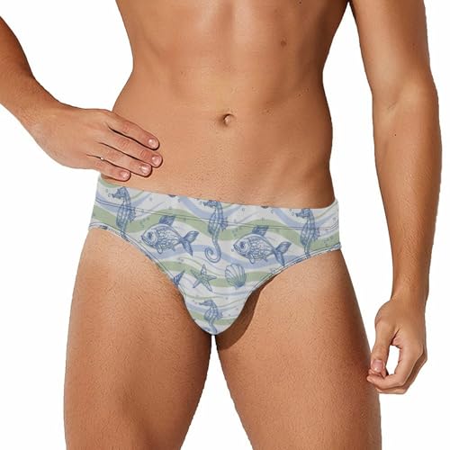 Underwater Shell Starfish Sea Horse Mens Swim Briefs Bikini Sexy Low Rise Trunks Swimsuit Bathing Suit Beach