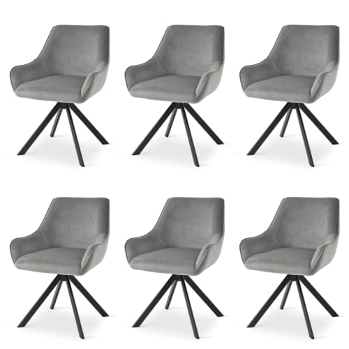 Image of Set of 6 Chairs 360 Degree Rotationg Stylish, Modern, Elegant & Comfortable Velvet Arms Chairs for Dinning Living Hotel Cafe (6 Chairs) (Grey Velvet Set of 6)
