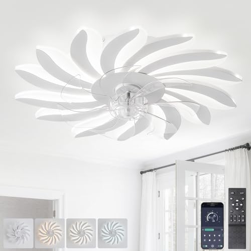 AQLEDY Flor Lampara Ventilador Techo Dormitorio/Habitación Infantil, 60CM Ventilador De Techo Con Luz Silencioso Y Mando 6-vel Motor DC Memoria Regulable Ceiling Fan with Light Para Salon-Blanco