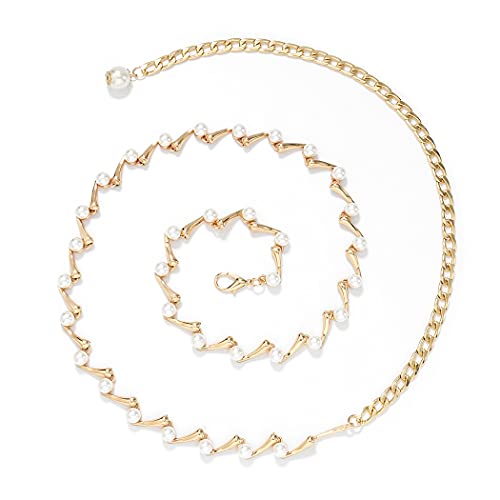 ELABEST Pearl Waist Chain Belt Gold Fashion Adjustable Belly Chain for Women Jeans Dresses (White Pearl-Style 2)