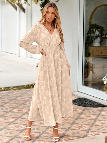Image of Simplee Womens Boho Floral Long Sleeve Maxi Dress V Neck Empire Waist Fall Wedding Guest Dresses with Pockets