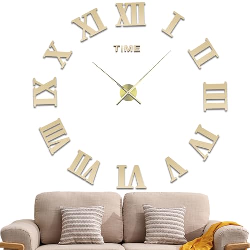 LIDNADY DIY Wall Clock,3D Frameless Wall Clock,Large Modern Design Decor Sticker DIY Wall Clock Kit for Bedroom Living Room Home Decorations,Adjustable Size and Easy to Assemble (Roman Gold)