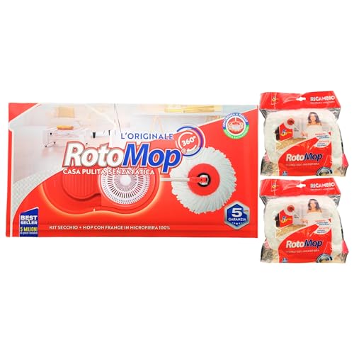 SET: RotoMop Kit Secchio Con Centrifuga a Pedale, Incluso Mop Con Frange In Microfibra 100% + 2 Ricambi Inclusi