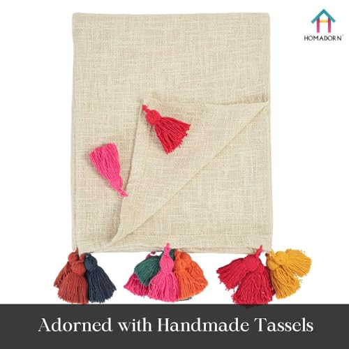 HOMADORN 100% Cotton Off White Throw 300 TC Blanket with Handmade Colorful Tassel for Sofa, Bed Couch (50 X 60 Iches) (Multicolor)