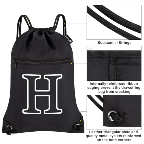 Image of HOLYLUCK Drawstring Bags Initial Backpack Sackpack Cinch Bags for Sports, Gym, Travel, Beach (Black-H)