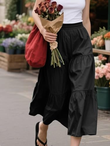 HUSKARY Women Summer Midi Skirt Casual Elastic High Waist Pleated A-Line Flowy Swing Tiered Beach Vacation Skirts2