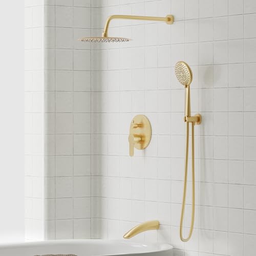 Image of Gabrylly Shower System with Tub Spout, Bathtub Shower Faucet Set with 12 inch Rain Shower head and 5-Setting Handheld Shower, Wall Mounted Shower Fixtures with Pressure Balance Shower Valve, Brushed Gold