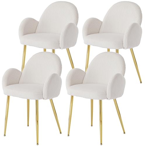 Image of Eifizek Home Office Chair Set of 4, Modern Corduroy Upholstered Vanity Desk Chair with Gold Legs for Girls Women, Ergonomic Padded Backrest for Living Room, Beige
