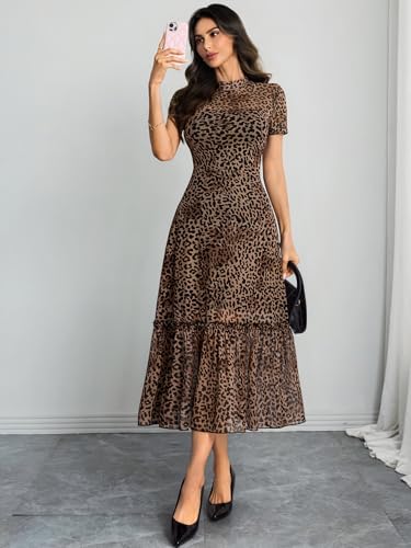 Image of GothDark Women's Summer Floral Mesh Ruffle Dress Short Sleeve Round Neck Waist Cinched Casual Maxi Wedding Guest Dresses